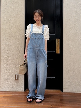 「NANO universe（ナノユニバース）のデニムオーバーオール（Salopette、ブルー系）」を使った、mmさん（レディース・160cm）の夏コーディネート