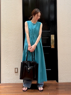 「NANO universe（ナノユニバース）のMINOTECH(R) ノースリーブギャザーマキシワンピース（One piece dress、グリーン系）」を使った、mmさん（レディース・160cm）の夏コーディネート