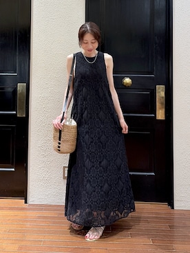 「NANO universe（ナノユニバース）のmade in india レースアメスリワンピース（One piece dress、ブラック系）」を使った、mmさん（レディース・160cm）の夏コーディネート
