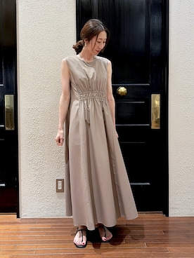 「NANO universe（ナノユニバース）のMINOTECH(R) ノースリーブギャザーマキシワンピース（One piece dress、ブラウン系）」を使った、mmさん（レディース・160cm）の夏コーディネート
