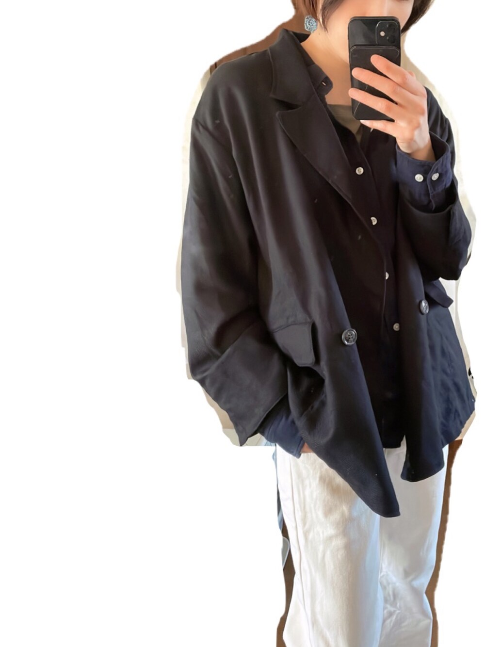 「シンプル、シャツスタイル、ジャケット、モノトーン」｜「MEDE19FのＭＥＤＥ１９Ｆ　リネン混ヘリンボーン素材のダブルジャケット（その他アウター、ブラック系）」を使った、Sakuさん（レディース・164cm）の冬コーディネートの1枚目の写真