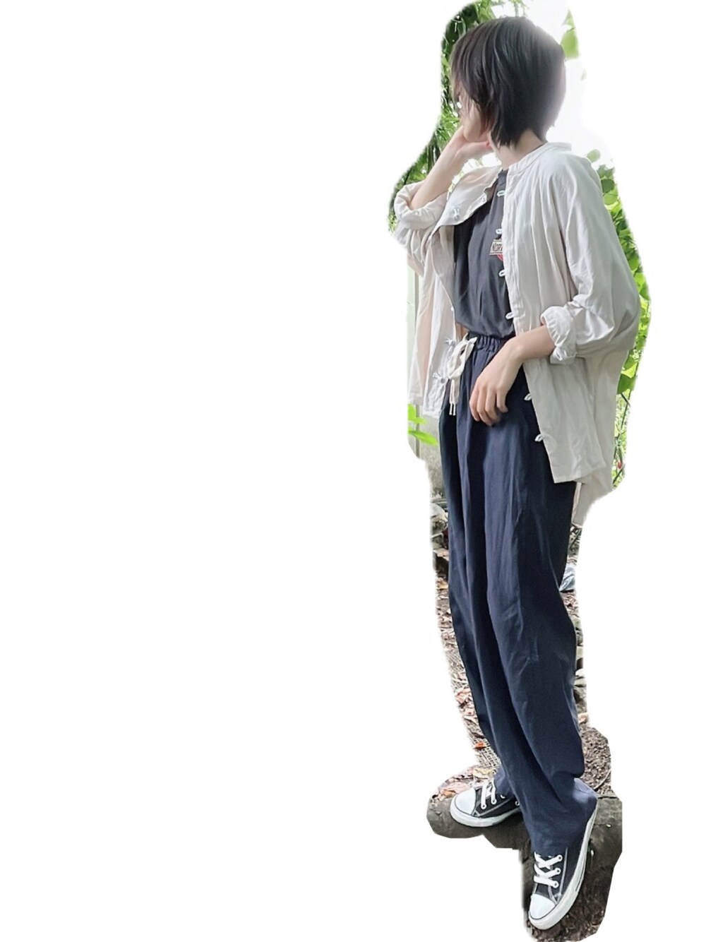 「ゆるコーデ、シンプル、ラクチンコーデ、スニーカー、converse、CANALJEAN、neos、カジュアル、オトナカジュアル」｜「neosの【neos -addictive design-】ビッグシルエット ノーカラー ドルマンスリーブ チャイナシャツ（シャツ/ブラウス、ホワイト系）」を使った、Sakuさん（レディース・164cm）の夏コーディネートの1枚目の写真