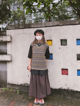 「GU（ジーユー）のアイテム（スカート、ブラウン系）」を使った、dululu915さん（レディース・158cm）の夏コーディネート