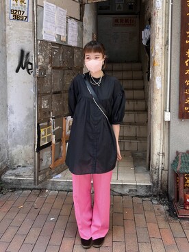 「GU（ジーユー）のアイテム（トップス、ブラック系）」を使った、dululu915さん（レディース・158cm）の夏コーディネート