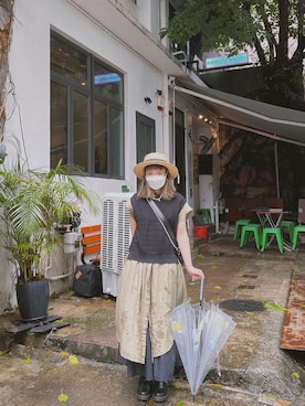 「GU（ジーユー）のアイテム（トップス、ブラック系）」を使った、dululu915さん（レディース・158cm）の夏コーディネート