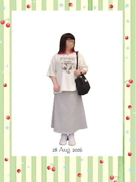 「しまむら（シマムラ）のMNMドロストプリントT（Tシャツ/カットソー、ホワイト系）」を使った、みぃさん（レディース・157cm）の秋コーディネート