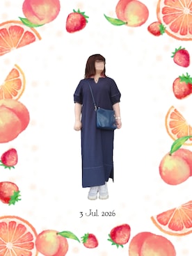 「classicalelf（クラシカルエルフ）の自然体で1枚さらり。夏 使える 前後2way 配色ステッチランタンスリーブワンピース（ワンピース、ブルー系）」を使った、みぃさん（レディース・157cm）の夏コーディネート