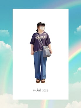 「しまむら（シマムラ）のMNMスポーツT(Manami)（Tシャツ/カットソー、ブルー系）」を使った、みぃさん（レディース・157cm）の夏コーディネート
