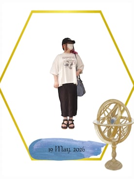 「しまむら（シマムラ）のMNMドロストプリントT（Tシャツ/カットソー、ホワイト系）」を使った、みぃさん（レディース・157cm）の夏コーディネート