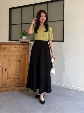 「Chez toi（シェトワ）の【オン/オフ使える】5分袖アシメスクエアニット（ニット/セーター、グリーン系）」を使った、いたみかなこさん（レディース・161cm）の夏コーディネート