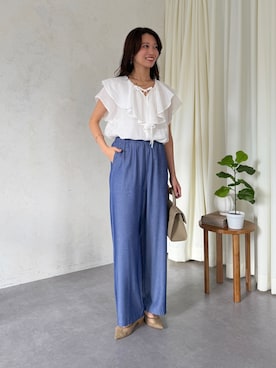 「Chez toi（シェトワ）のラッフルブラウス（シャツ/ブラウス、ホワイト系）」を使った、いたみかなこさん（レディース・161cm）の夏コーディネート