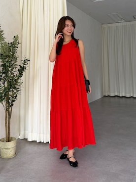 「Chez toi（シェトワ）のジャガードティアードワンピース（ワンピース、レッド系）」を使った、いたみかなこさん（レディース・161cm）の夏コーディネート