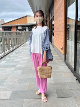 「Chez toi（シェトワ）のアイテム（かごバッグ）」を使った、いたみかなこさん（レディース・161cm）の夏コーディネート