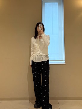 「mystic（ミスティック）の【柔らかリブ素材】ギャザーレースリブカーディガン（Tシャツ/カットソー、ホワイト系）」を使った、kusuda yoshikoさん（レディース・163cm）の春コーディネート