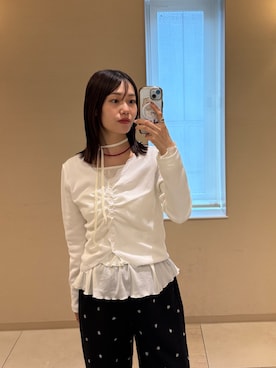 「mystic（ミスティック）の【柔らかリブ素材】ギャザーレースリブカーディガン（Tシャツ/カットソー、ホワイト系）」を使った、kusuda yoshikoさん（レディース・163cm）の春コーディネート