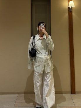 「mystic（ミスティック）のボタンレイヤードBIGシャツ（シャツ/ブラウス、ブラウン系）」を使った、kusuda yoshikoさん（レディース・163cm）の夏コーディネート