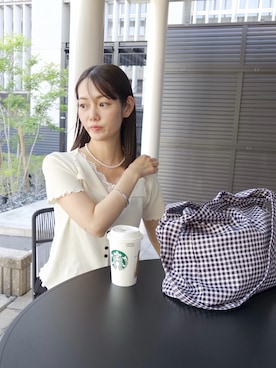 「mystic（ミスティック）のギンガムチェックトートBAG（トートバッグ、ブラック系）」を使った、kusuda yoshikoさん（レディース・163cm）の春コーディネート