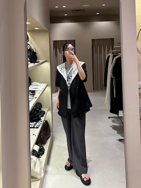 「mystic（ミスティック）の【新色IVO・GRY/3サイズ展開◎】ラインストーンWベルトパンツ（スラックス、グレー系）」を使った、kusuda yoshikoさん（レディース・163cm）の夏コーディネート