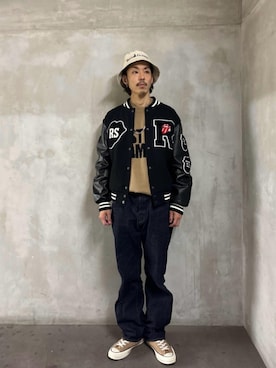 「HYSTERIC GLAMOUR（ヒステリックグラマー）のアイテム（スタジャン）」を使った、森 拓巳さん（メンズ・176cm）の冬コーディネート