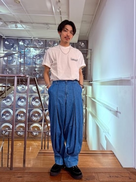 「HYSTERIC GLAMOUR（ヒステリックグラマー）のクリーパーシューズ（ローファー、ブラック系）」を使った、森 拓巳さん（メンズ・176cm）の春コーディネート
