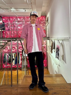 「HYSTERIC GLAMOUR（ヒステリックグラマー）のHYSTERIC BOX メッシュキャップ（キャップ、ブラック系）」を使った、森 拓巳さん（メンズ・176cm）の春コーディネート