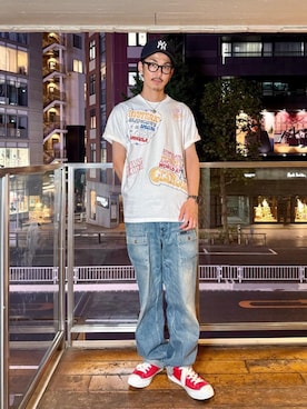 「HYSTERIC GLAMOUR（ヒステリックグラマー）のブッシュデニムパンツ（デニムパンツ、ブルー系）」を使った、森 拓巳さん（メンズ・176cm）の夏コーディネート