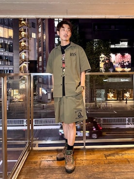 「HYSTERIC GLAMOUR（ヒステリックグラマー）のTHE ROLLING STONES/FIRE RS BEAR Tシャツ（Tシャツ/カットソー、ブラック系）」を使った、森 拓巳さん（メンズ・176cm）の夏コーディネート