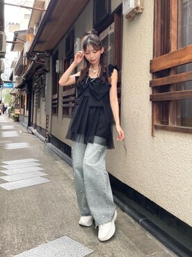 「MAJESTIC LEGON（マジェスティックレゴン）の厚底2WAYリボンスニーカー（スニーカー）」を使った、𝑬𝒓𝒊𝒓𝒊𝒏さん（レディース・153cm）の夏コーディネート