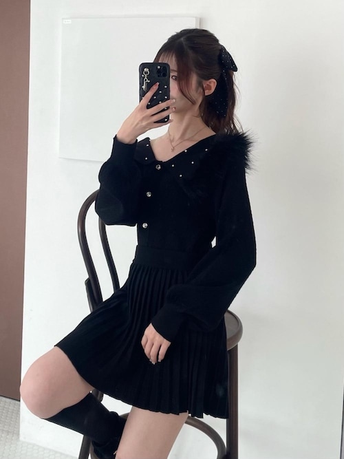 セール】フェイクファー付きキラキラ襟ニット（ニット/セーター