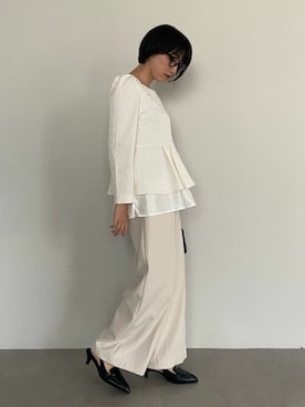 「UR'S（ユアーズ）のセンタープレスタックワイドパンツ（スラックス）」を使った、ur'sさん（レディース・157cm）の秋コーディネート