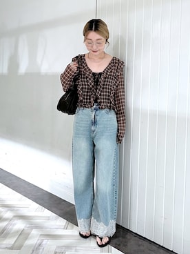 「LOWRYS FARM（ローリーズファーム）のレースデニム　601055（デニムパンツ、ブルー系）」を使った、もっちさん（レディース・158cm）の夏コーディネート