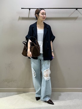 「LOWRYS FARM（ローリーズファーム）のレースデニム　601055（デニムパンツ、ブルー系）」を使った、もっちさん（レディース・158cm）の春コーディネート