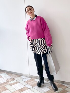 「チェック柄に恋してる」｜「アイテム（スウェットパンツ）」を使った、もっちさん（レディース・158cm）の冬コーディネート