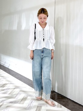 「LOWRYS FARM（ローリーズファーム）のレースデニム　601055（デニムパンツ、ブルー系）」を使った、もっちさん（レディース・158cm）の夏コーディネート