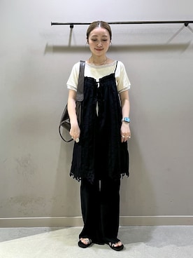 「LOWRYS FARM（ローリーズファーム）の２ＷＡＹバテンレースミニワンピース（ワンピース/ドレス、ブラック系）」を使った、もっちさん（レディース・158cm）の春コーディネート