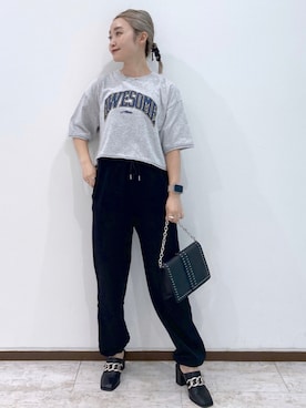 「スクエアトゥ」｜「アイテム（スウェットパンツ）」を使った、もっちさん（レディース・158cm）の夏コーディネート