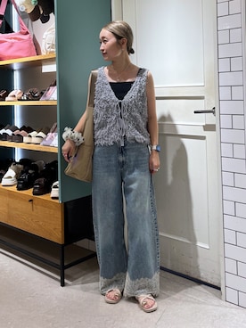 「LOWRYS FARM（ローリーズファーム）のレースデニム　601055（デニムパンツ、ブルー系）」を使った、もっちさん（レディース・158cm）の夏コーディネート