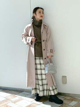 「チェック柄に恋してる」｜「アイテム（トレンチコート）」を使った、もっちさん（レディース・158cm）の冬コーディネート