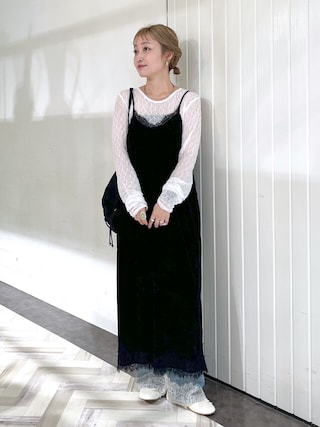 「LOWRYS FARM(ローリーズファーム)のベロアレースキャミワンピース 1070859(ワンピース)」を使った、もっちさん(レディース・158cm)の秋コーディネート