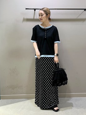 「LOWRYS FARM（ローリーズファーム）のレイヤードヘンリーSS　638392（Tシャツ/カットソー、ブラック系）」を使った、もっちさん（レディース・158cm）の夏コーディネート