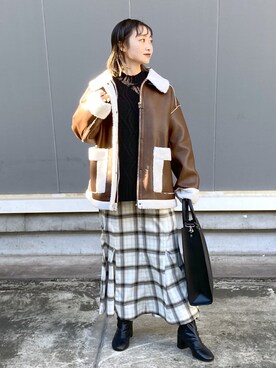 「チェック柄に恋してる」｜「アイテム（ブルゾン）」を使った、もっちさん（レディース・158cm）の冬コーディネート