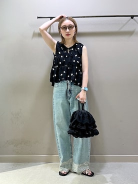 「LOWRYS FARM（ローリーズファーム）のレースデニム　601055（デニムパンツ、ブルー系）」を使った、もっちさん（レディース・158cm）の夏コーディネート