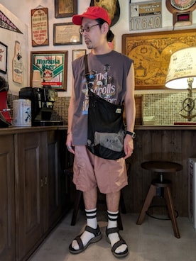 「NANGA（ナンガ）のCANVAS NNG LOGO CAP/キャンバス NNGロゴキャップ（キャップ）」を使った、髪切りおじさん。さん（メンズ・165cm・30代）の夏コーディネート