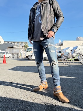 「おでかけコーデ」｜「アイテム（ライダースジャケット）」を使った、タッカーさん（メンズ・183cm）の秋コーディネート