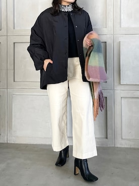 「チェックマフラー」｜「アイテム（ノーカラージャケット）」を使った、StyleSeaさん（レディース・155cm）の秋コーディネート