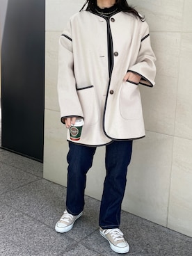 「アイテム（ノーカラーコート、ホワイト系）」を使った、StyleSeaさん（レディース・155cm）の秋コーディネート