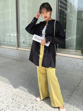 「ノーカラーシャツ」｜「アイテム（スラックス）」を使った、StyleSeaさん（レディース・160cm）の春コーディネート