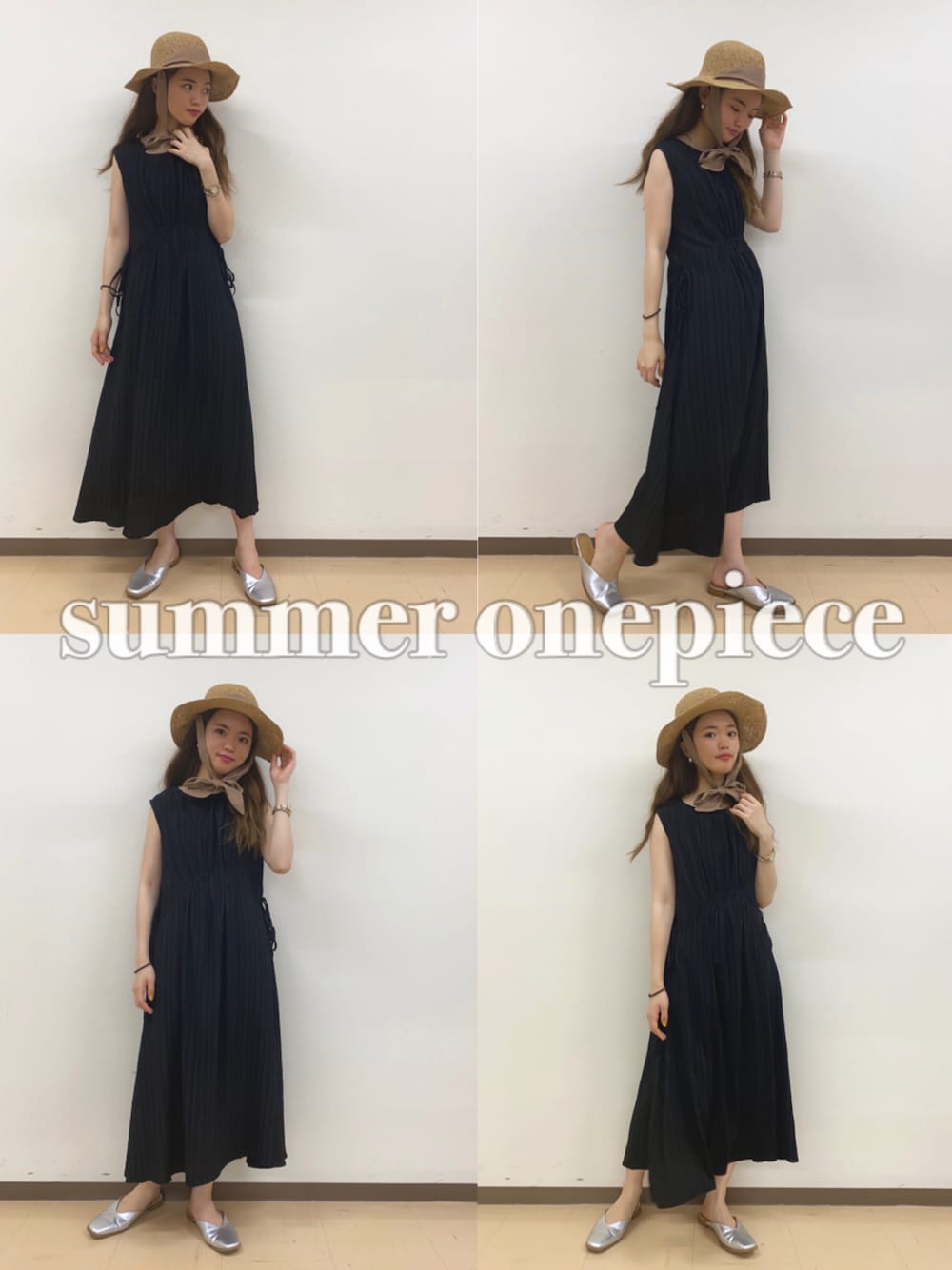 「夏コーデ、夏、ワンピース、麦わら帽子、ブラック、163cm、akariclothes、お出かけコーデ」｜「Green　Parksの・リボンつきハット＊（ハット、イエロー系）」を使った、𝐀𝐊𝐀𝐑𝐈さん（レディース・163cm）の夏コーディネートの1枚目の写真