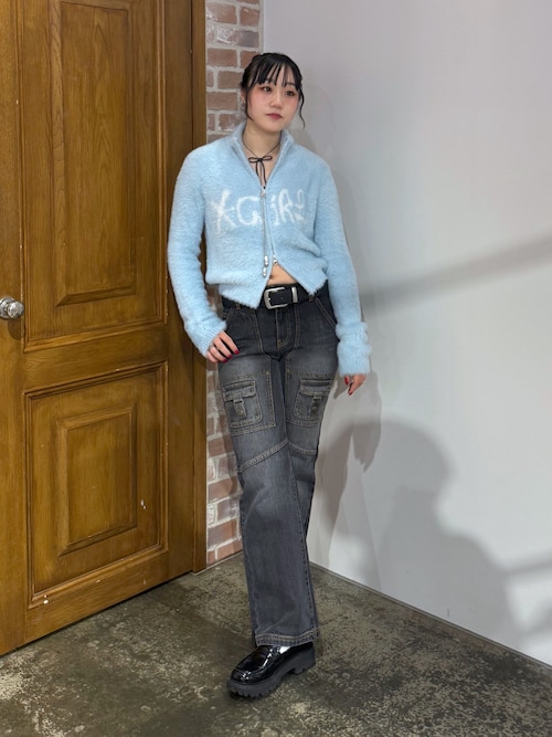 LOGO JACQUARD ZIP UP SHAGGY KNIT TOP（ニット/セーター）｜X-girl