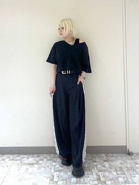 「PAGEBOY（ページボーイ）の【前後2WAY/接触冷感】マルチWAYネックアイススウェット（スウェット、ブラック系）」を使った、・あさせ・さん（レディース・160cm）の夏コーディネート